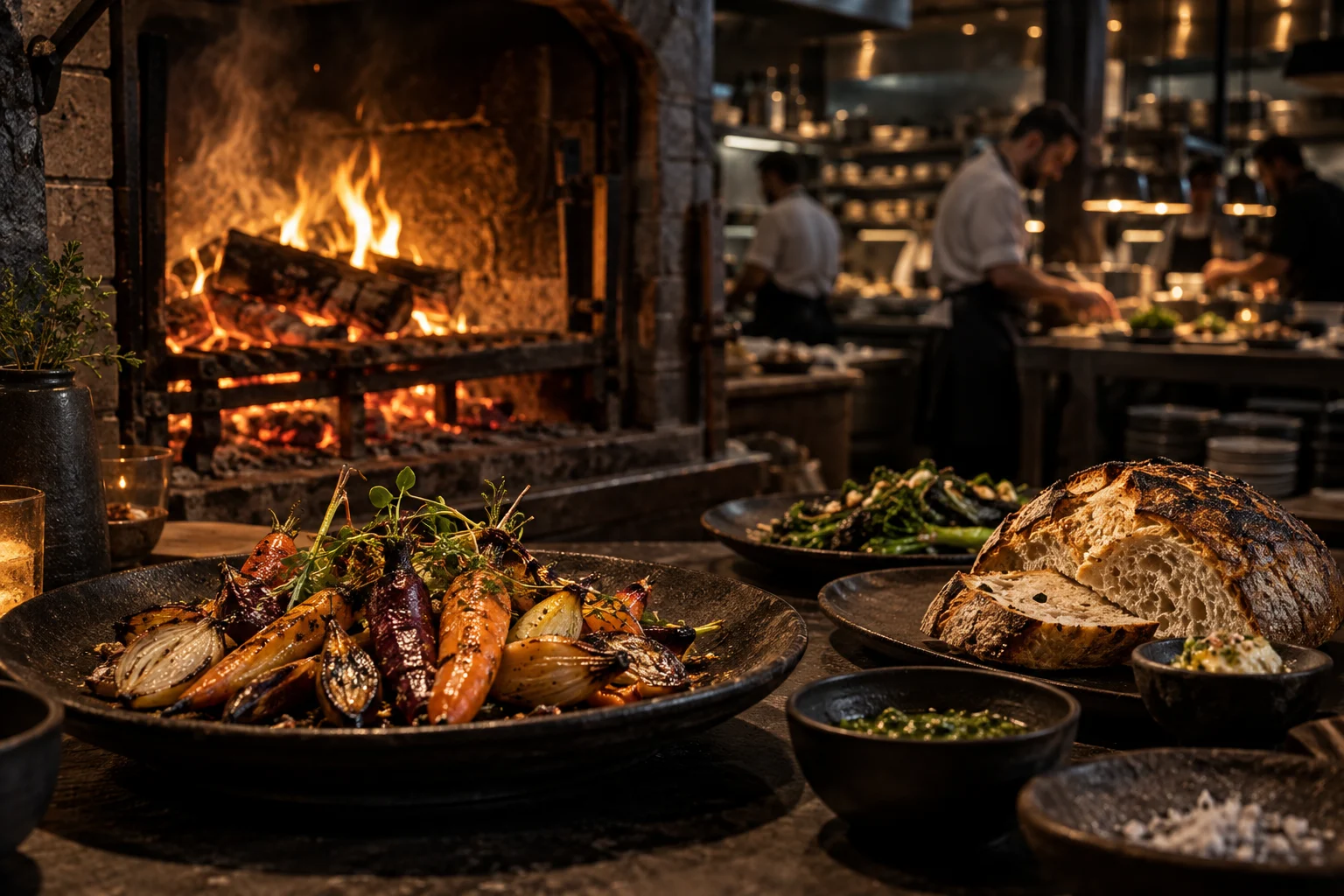 Verduras y pan cocinados a la brasa frente a un horno de leña